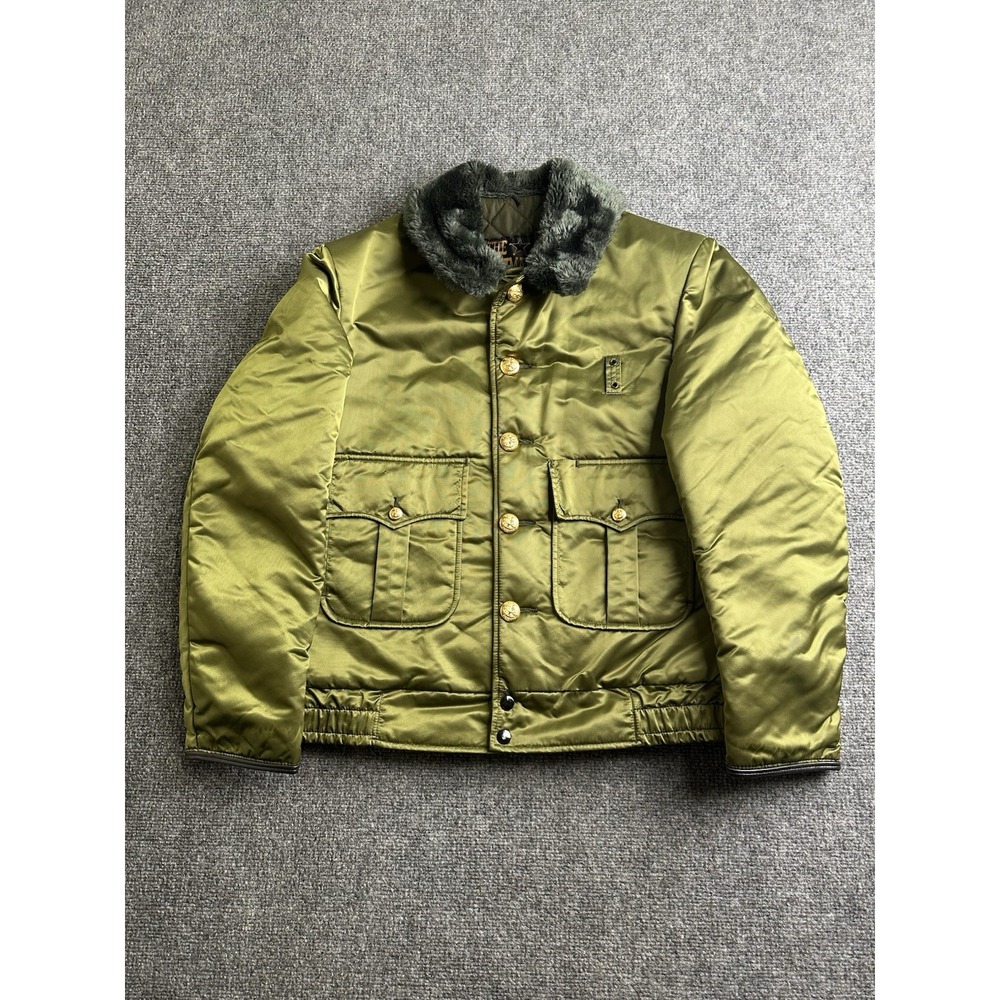 Men's The Lawman 90s Green Satin Police Bomber Jacket Fur Collar Size M 38 Long
